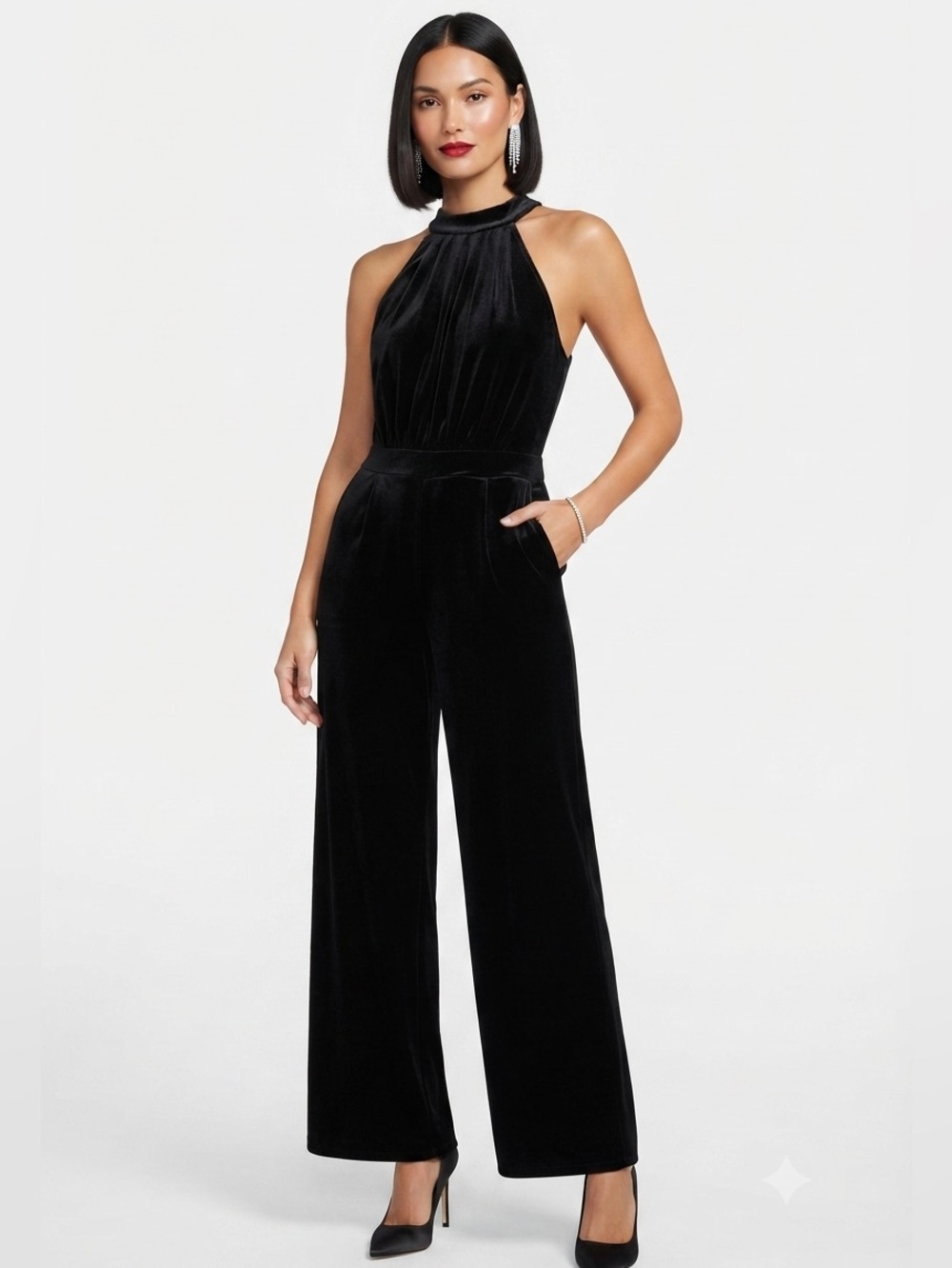 Elegant Black Velvet Halter Wide-Leg Jumpsuit